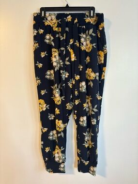 Dark Navy Blue Yellow Floral Waist Tie Pull On Dress Bag Pants Size Large